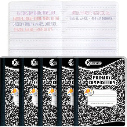 5 Pack Primary Composition Notebooks, 200 Pages (100 Sheets), Primary Ruled Composition Notebook for Kids, 9-3/4" x 7-1/2", Grades K-2 Writing Workbook, Writing Dotted Lined, Black Marble