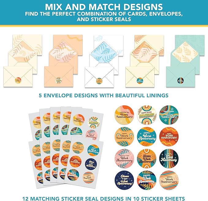 Decorably 50 Pack 6x4in Happy Work Anniversary Cards with Envelopes and Stickers, 10 Retro Designs Work Anniversary Cards for Employees, Blank Inside