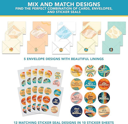 Decorably 50 Pack 6x4in Happy Work Anniversary Cards with Envelopes and Stickers, 10 Retro Designs Work Anniversary Cards for Employees, Blank Inside