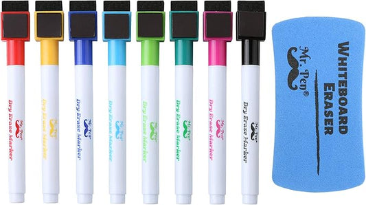 Mr. Pen Magnetic Dry Erase Markers, 8 Pack with Eraser, Magnet, Fine Tip Dry Erase Pens