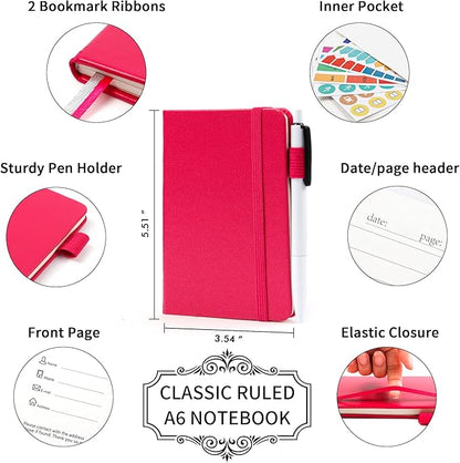 feela 15 Pack Pocket Small Notebooks Bulk, Mini Cute Memo Notepads Hardcover College Ruled Lined Journals with Pen Holder for Women Girls Office School, with 15 Black Pens, 3.5”x 5.5”, A6, Berry