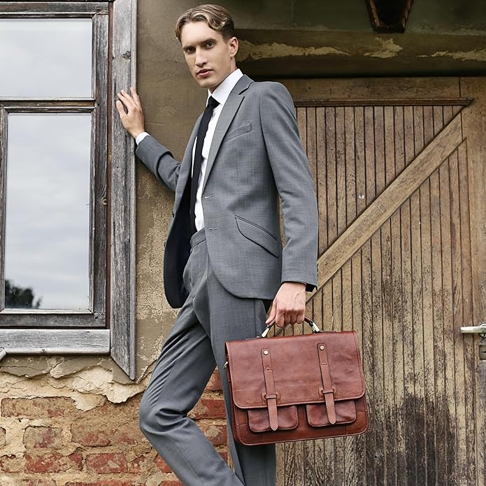 Time Resistance Leather Briefcase for Men - Business Laptop Bag - Italian Handmade Leather Bag - Messenger Bag