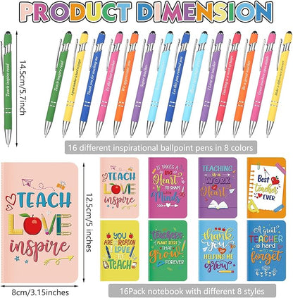 Funrous 32 Pcs Motivational Quote Pens Inspirational Notepads Mini Journal with Ballpoint Pen Small Notebooks Gift Set for Men Women Coworkers, Adult Party Favors Prizes Gift Bulk(Teacher)