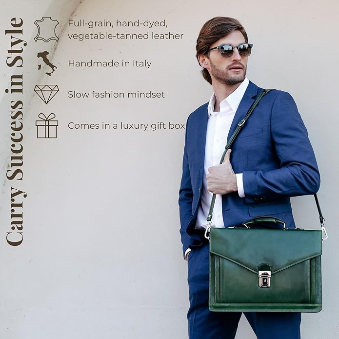 Time Resistance Leather Briefcase for Men - Business Laptop Bag - Italian Handmade Leather Bag - Attache - Gift Box Included