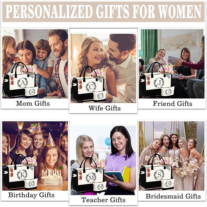 YOOLIFE Christmas Gifts for Women - Initial Canvas Tote Bag & Makeup Bag, Birthday Gifts for Women Her Mom Teacher Friend
