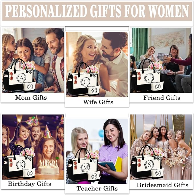 YOOLIFE Christmas Gifts for Women - Initial Canvas Tote Bag & Makeup Bag, Birthday Gifts for Women Her Mom Teacher Friend