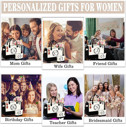 YOOLIFE Christmas Gifts for Women - Initial Canvas Tote Bag & Makeup Bag, Birthday Gifts for Women Her Mom Teacher Friend