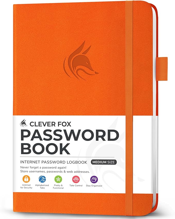 Clever Fox Password Book with Alphabetical tabs. Internet Address Organizer Logbook. Medium Password Keeper for Website Logins (Orange)