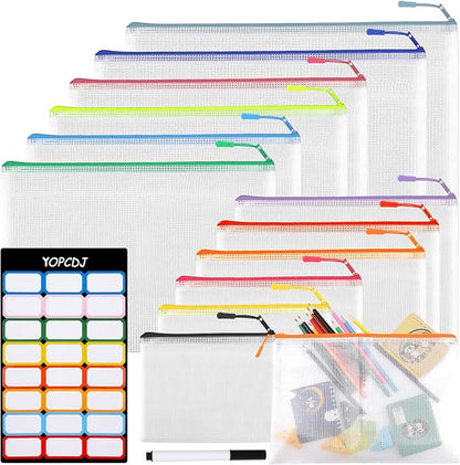 12pcs Mesh Zipper Pouch Bags,Puzzle Bag for Organizing, 12 Color 8 Size Classroom Must Have Storage Bag, Bags for School, Board Games and Office Supplies