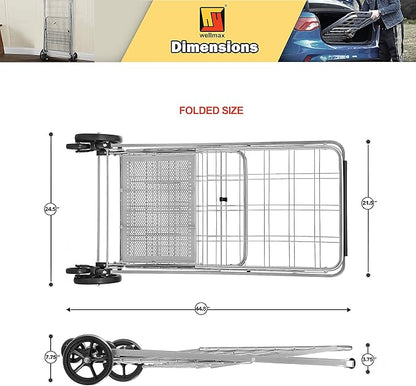 Wellmax Shopping Cart, Metal Grocery Carts For Groceries, Folding Cart For Convenient Storage And Holds Up To 160lbs, Dual Swivel Wheels and Extra Basket, Silver