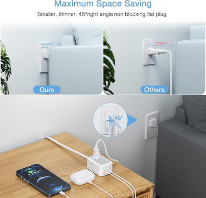 Ultra Thin Flat Extension Cord 10 FT, TESSAN Small Flat Plug Power Strip with 3 USB Charger (1 USB C), 3 Outlets Desk Charging Station, 10 Feet Long Slim Plug for Travel, Dorm Room, Office Essentials