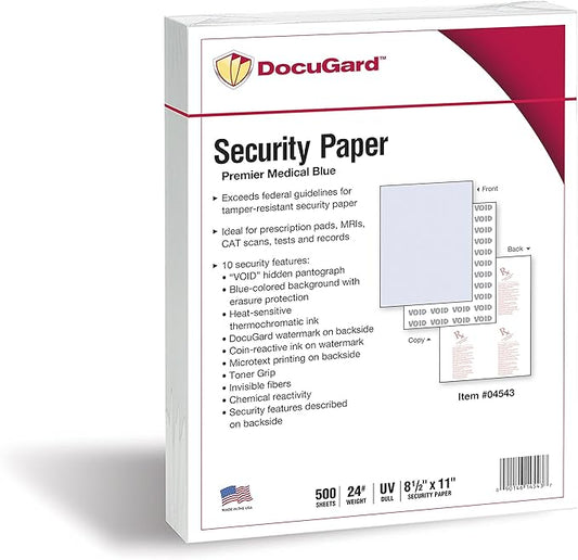 DocuGard Premier Medical Security Paper for Printing Prescriptions and Preventing Fraud, CMS Approved, 10 Security Features, Laser and Inkjet Safe, Blue, 8.5 x 11, 24 lb., 500 Sheets (04543)