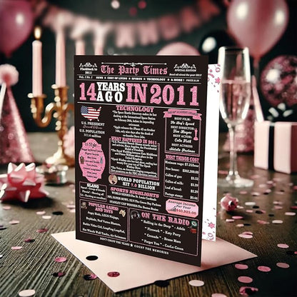 14th Birthday Card Gifts for Girls, Daughter, Niece, Granddaughter, 14th Birthday Decorations for Girls, Large Birthday Card for 14 Year Old, Funny Back in 2011 Birthday Card, Rose Pink Gold