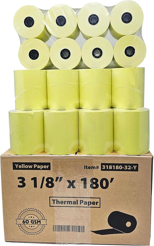 (32 Rolls) 3 1/8 x 180 Yellow Thermal Paper Receipt Rolls (60 GSM Paper Thickness) fits all Clover POS Cash Register Printers, Yellow Thermal Paper from BuyRegisterRolls