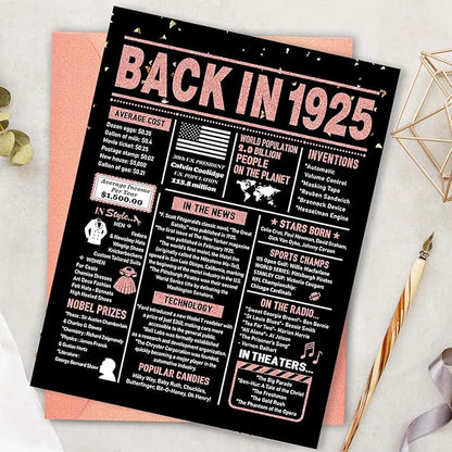 100th Birthday Card, 100th Birthday Decorations for Women, 100th Birthday Gifts for Grandma, Back in 1925 Birthday Card, Rose Gold