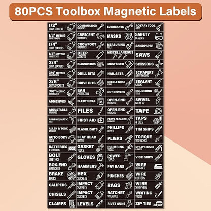 Toolbox Organization Magnetic Labels 80 Pcs, Tool Organizer Icon Labels with Strong Magnets, Toolbox Widget Stickers Accessories, Fits All Brands of Steel Tool Chest Organizer, 3" x 1"