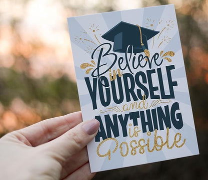 Graduation Card with Envelope - Thankful & Motivation Gold Glitter Card - Folded 5"x7" Single Card For Grad, High School, College, Nursing, Middle school, Kindergarten Gift Card