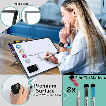 Dry Erase White Board, 16inX12in Large Magnetic Desktop Whiteboard with Stand, 8 Markers, 4 Magnets, 1 Eraser, Portable Double-Sided White Board Easel for Office Memo to Do List Desk School for Kids