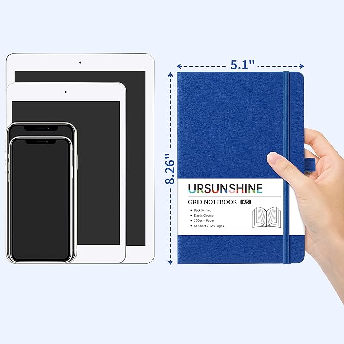 Graph Grid Paper Notebook/Journal - Classic Journal/Notebook with Ribbon Divider, Hardcover with Thick Paper, 5.3" x 8.26", Banded + Pen Holder +Inner Pocket - Deep Blue