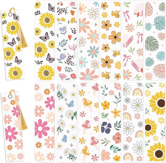 AFRITEE UV DTF Bookmark Stickers - 24 Pcs Flowers Theme Sunflower Uvdtf Decals Stickers for Acrylic Blank Bookmark, Butterfly Rub on Transfer Wraps for Book Lover DIY Blank Bookmarks(Only Stickers)