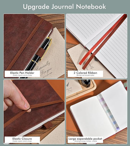 Lined Journal Notebook for Men Women, 200 Numbered Pages Leather Hardcover Journal with Pen, A5 Journaling Notebooks, Thick Paper College Ruled Journals for Writing Work Business 5.75'' X 8.38'' Brown