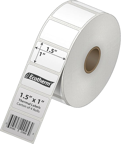 1.5" x 1" Thermal Labels | 4 Rolls | 5300 Labels | fits Zebra, Godex, Arkscan, iDPRT, Offnova Thermal Label Printers and More | Blank White Adhesive Stickers by Ecotherm