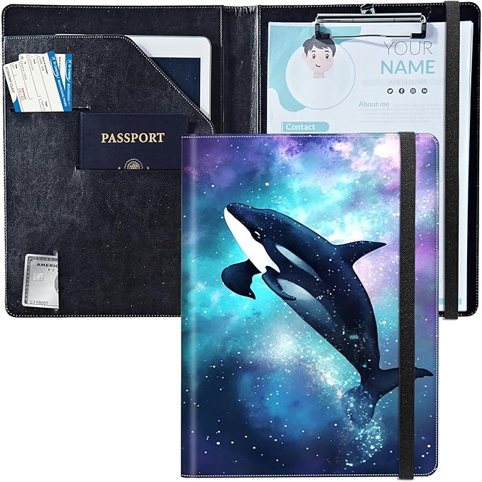 PU Leather Padfolio Clipboard Notepad with Pen Loop and Elastic Strap Interview/Resume Document Organizer for Business School Office,Orca Whale