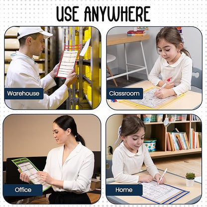 30 Pack, Assorted, Dry Erase Pocket Document Protectors,10" Wide x 13.5" Tall - Dry Erase Clear Plastic Sleeves - Reusable & Easy Erase Plastic Invoice Holders, Water-Resistant & Durable