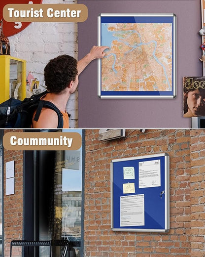 28"x26" Enclosed Bulletin Board, Lockable Weather-Resistant Aluminum Cork Noticeboard for School & Office, Silver Frame w/Blue Flet