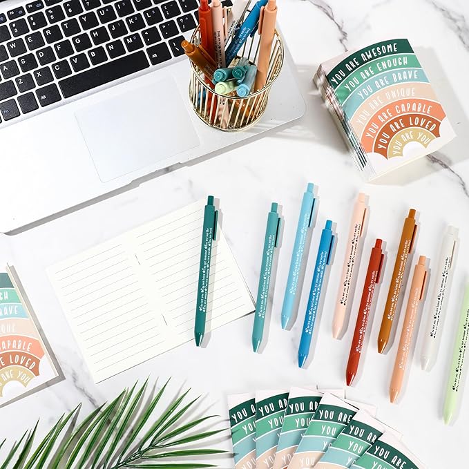 Janlaugh 100 Pcs Positive Affirmations Reminder Notepad Motivational Pen Positive Psychology Pocket Notebooks with Colored Ballpoint for Volunteer Week Mental Health Therapy Teacher Student Classroom