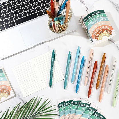 Janlaugh 100 Pcs Positive Affirmations Reminder Notepad Motivational Pen Positive Psychology Pocket Notebooks with Colored Ballpoint for Volunteer Week Mental Health Therapy Teacher Student Classroom