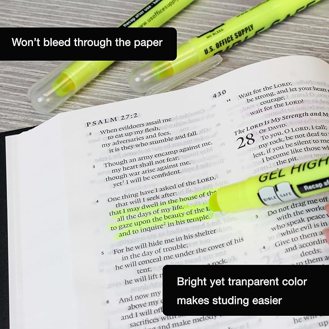 U.S. Office Supply 6 Pack of Yellow Bible Safe Gel Highlighters - Bright Neon Fluorescent Yellow Color Markers, Highlight On Any Paper - Won't Bleed, Fade or Smear - Twist-Up Design, Study Guide