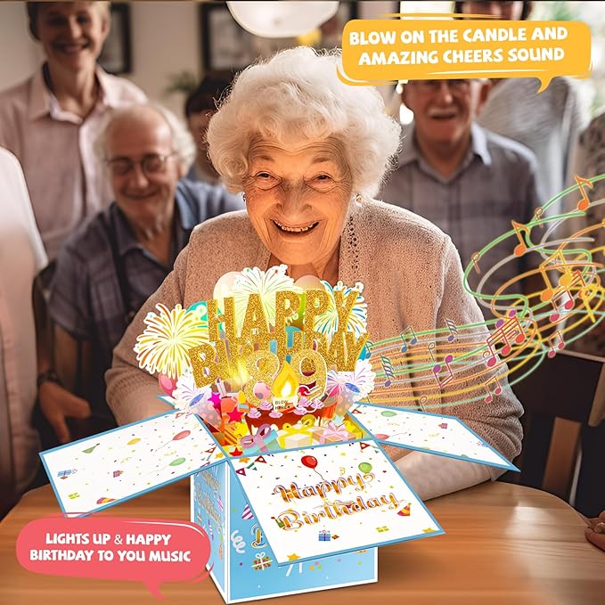 Tnvee 89TH Birthday Cards with Lights & Music & Candle, 3D Large Pop Up Happy Birthday Cards for Women Man Greeting Cards Decorations for 89 Years Old Mom Dad Grandparents