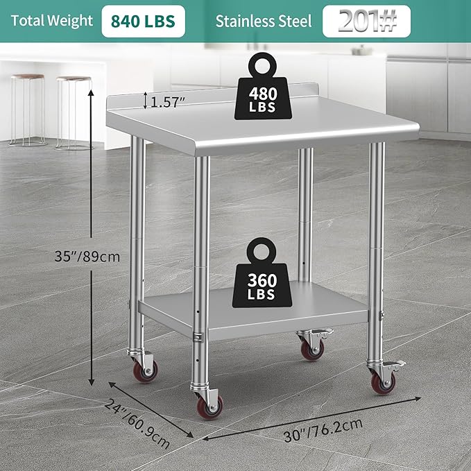 YITAHOME 30" x 24" Stainless Steel Table with Wheels for Prep & Work with Backsplash, NSF Metal Table Prep Table with Undershelf for Home Kitchen Restaurant Garage Warehouse