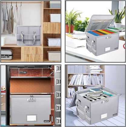 ENGPOW File Box with Lock,Fireproof Document Box with Pockets,Collapsible File Storage Organizer Filing Box with Handle,Portable Home Office File Cabinet Safe for Hanging Folders,2 Pack(Silver)