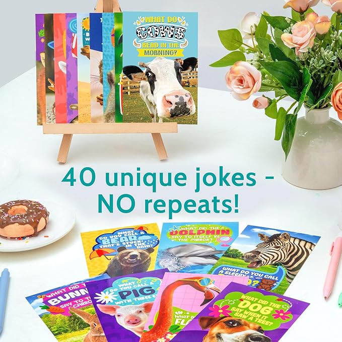 T MARIE 40 Funny Animal Joke Postcards with No Repeats - 4x6” Humorous Bulk Thinking of You Postcards for Kids, Grandkids, Students, and Teachers, Summer Camp, Lunchboxes and More