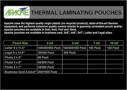 Apache Laminating Pouches 3 mil, for 8.5 x 11 inch Letter Size Paper 9 x 11.5 inch Sheets, 25 Pack