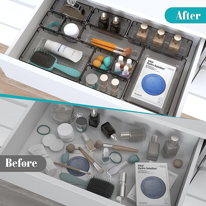 33 PCS Clear Plastic Drawer Organizers Set, 4 Size Desk Drawer Organizer Trays for Makeup, Jewelry, Kitchen Utensils, Gadgets and Office Accessories, Black