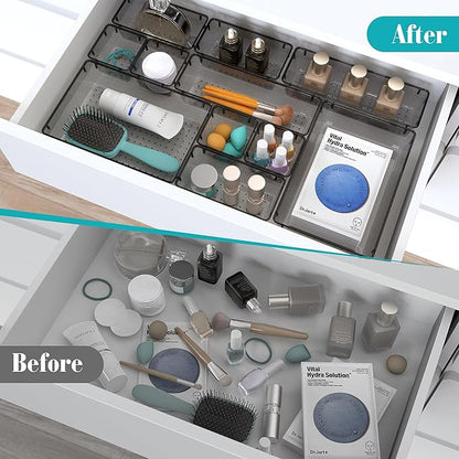 33 PCS Clear Plastic Drawer Organizers Set, 4 Size Desk Drawer Organizer Trays for Makeup, Jewelry, Kitchen Utensils, Gadgets and Office Accessories, Black