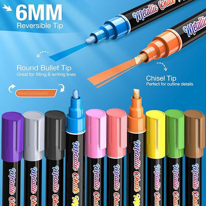Metallic Liquid Chalk Markers for Chalkboard -10 Colors Wet Erase Window Marker Pens with 6mm Reversible Bullet & Chisel Tip for Glass, Calendar Boards, Car Decorations, Auto, Bistro, Mirror, Business