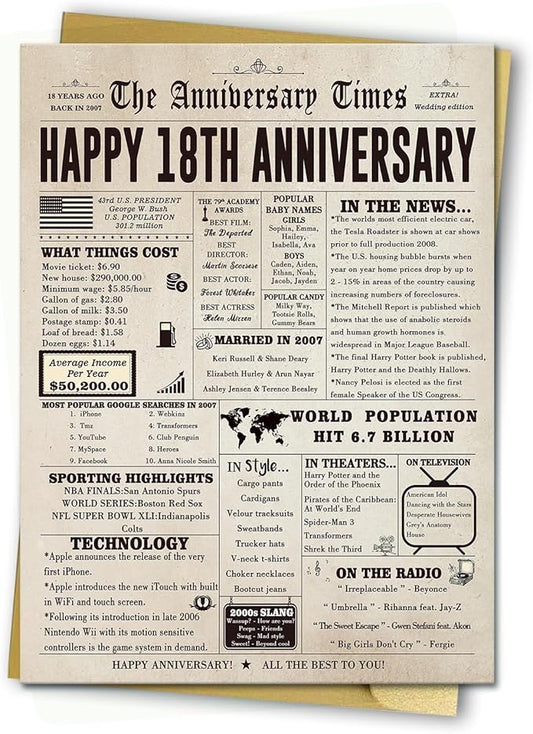 Jumbo 18th Anniversary Card for Him Her, Retro 18 Year Anniversary Card Gift for Couple, Sweet 18 Wedding Anniversary Cards for Wife Husband, Best 18 Aday Gifts Idea for Parent