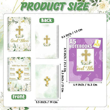 2 Pack A5 Floral Cross Religious Spiral Notebooks - God Bless Bible Verses Writing Notebooks, Ruled Hardbound Lined Journal, Christian Christmas Gift, Sunday School Supplies (Green Gold)