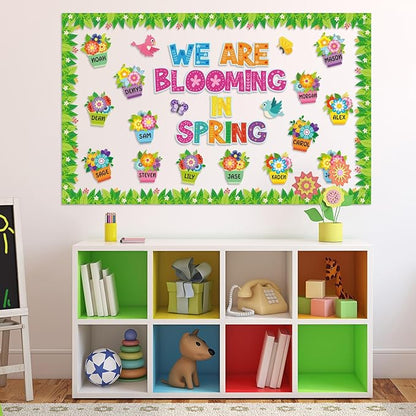 Kosiz Spring Flowerpot Bulletin Board Decorations Set We are Blooming in Spring Classroom Decorations Colorful Flower Paper Cutouts with Green Leaf Borders for School Wall Chalkboard Door Party
