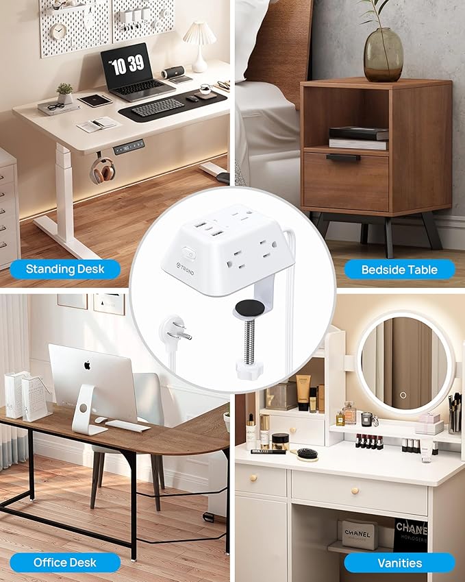 Desk Clamp Power Strip, Surge Protector with 5 AC Outlets and 3 USB Ports, Desk Mount Charging Station, Fit 1.97in Tabletop Edge Thick, 6FT Extension Cord, for Home Office Gaming Accessories