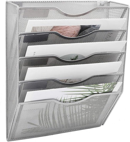 EASEPRES 5 Pocket Mesh Hanging Wall File Organizer, Wall Mounted Mail Paper Document Folder Holder, Clipboard Storage Organization Magazine Rack with Nametag Label for Office Home School, Silver
