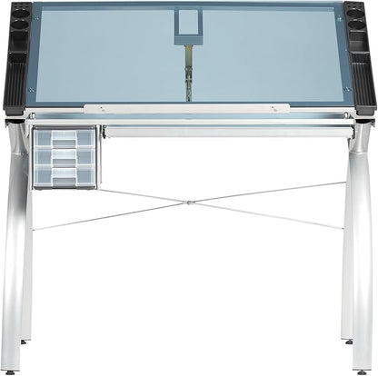 SD STUDIO DESIGNS Futura Crafting, Drafting, Drawing Adjustable Top Hobby Table Writing Studio Art Desk with Drawers, 38''W x 24''D, Tempered, Silver/Blue Glass