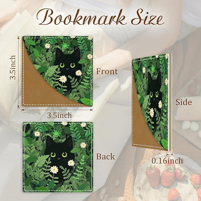 Black Cat Corner Bookmarks, Cute Leather Book Accessories for Book Lovers, 3 Pcs Reading Book Page Markers for Women Men Student Teacher Girls Boys Kids Retirement Birthday Gifts (Garden)