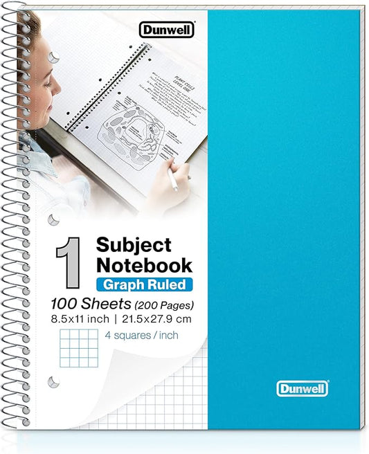 Dunwell Graph Paper Notebook 8.5 x 11 (Blue) Plastic Cover, 100 Sheets (200 Pages), 4x4 Squares, 1 Subject Graph Paper Spiral Notebook, 1/4" Grid, Pocket Divider, Easy Tear-Off, 3-Hole Punched