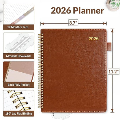 SUNEE 2026 Weekly & Monthly Planner 9"x11.2"- 12 Month (January 2026 - December 2026), Vegan Leather Cover, Pocket, Bookmark, Notes, Monthly Tab, Brown