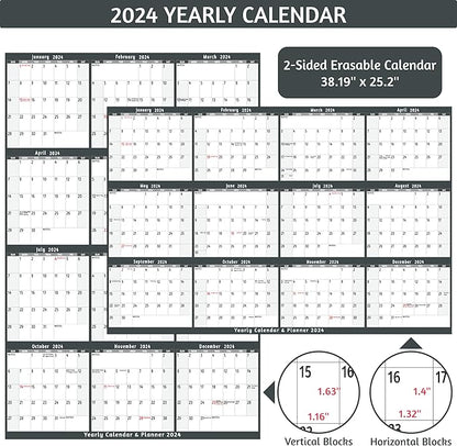 2024 Dry Erase Calendar – Large Yearly Wall calendar 2024, 38.2'' x 25.2'', 2-Side Reversible Calendar 2024, Vertical/Horizontal, Jan 2024 – Dec 2024, 2024 Wall Calendar with Notes, Stickers - Grey